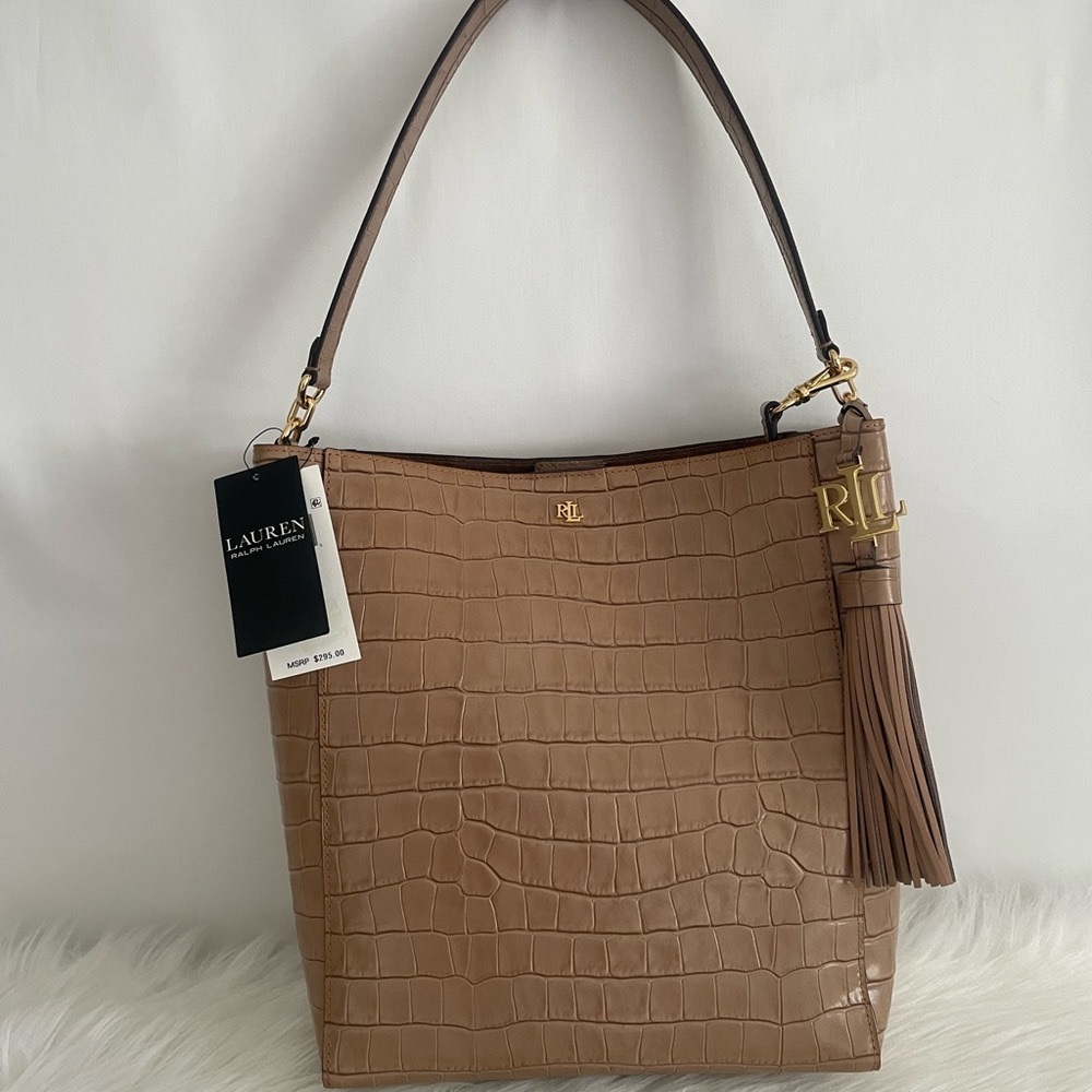 Lauren Ralph Lauren Brown Croc-Embossed Shoulder Bag